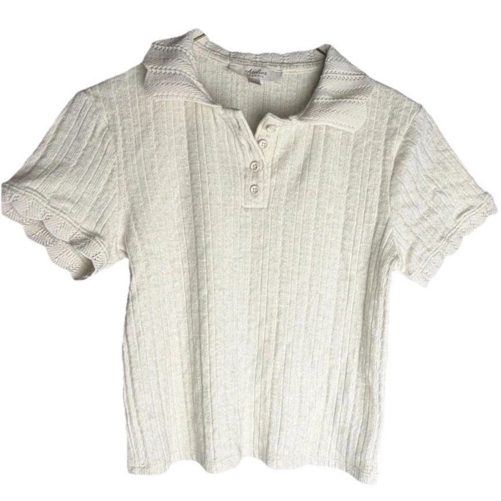 Atelier Textured Polo Cream Collar Short Sleeve Women S Cottage Fairy Boho Crop